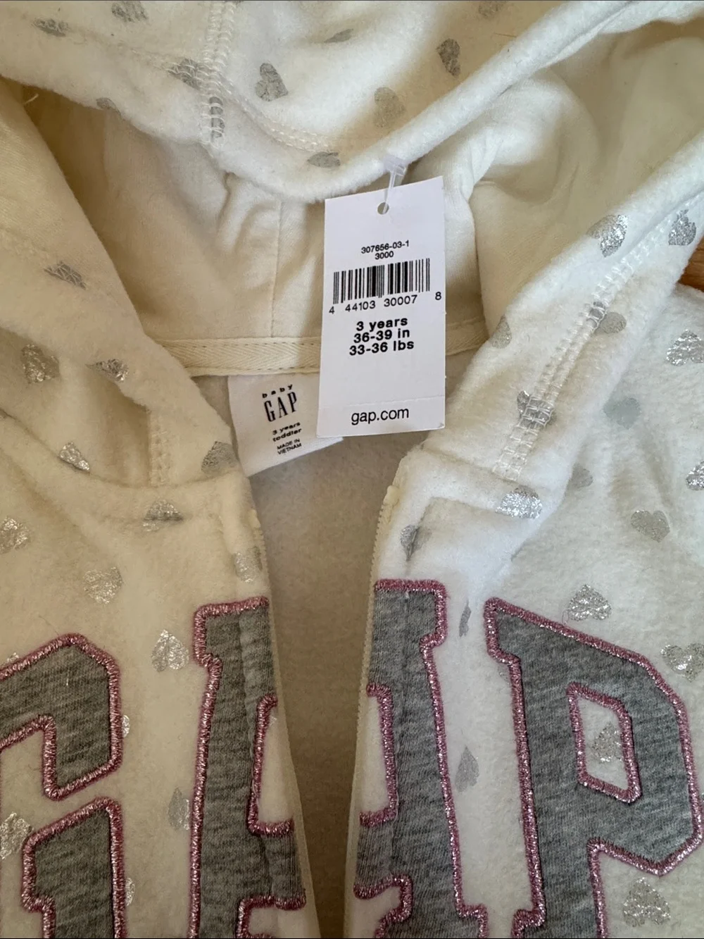 GAP Cream Hooded Zip Sweatshirt with Silver Heart Accents NWT